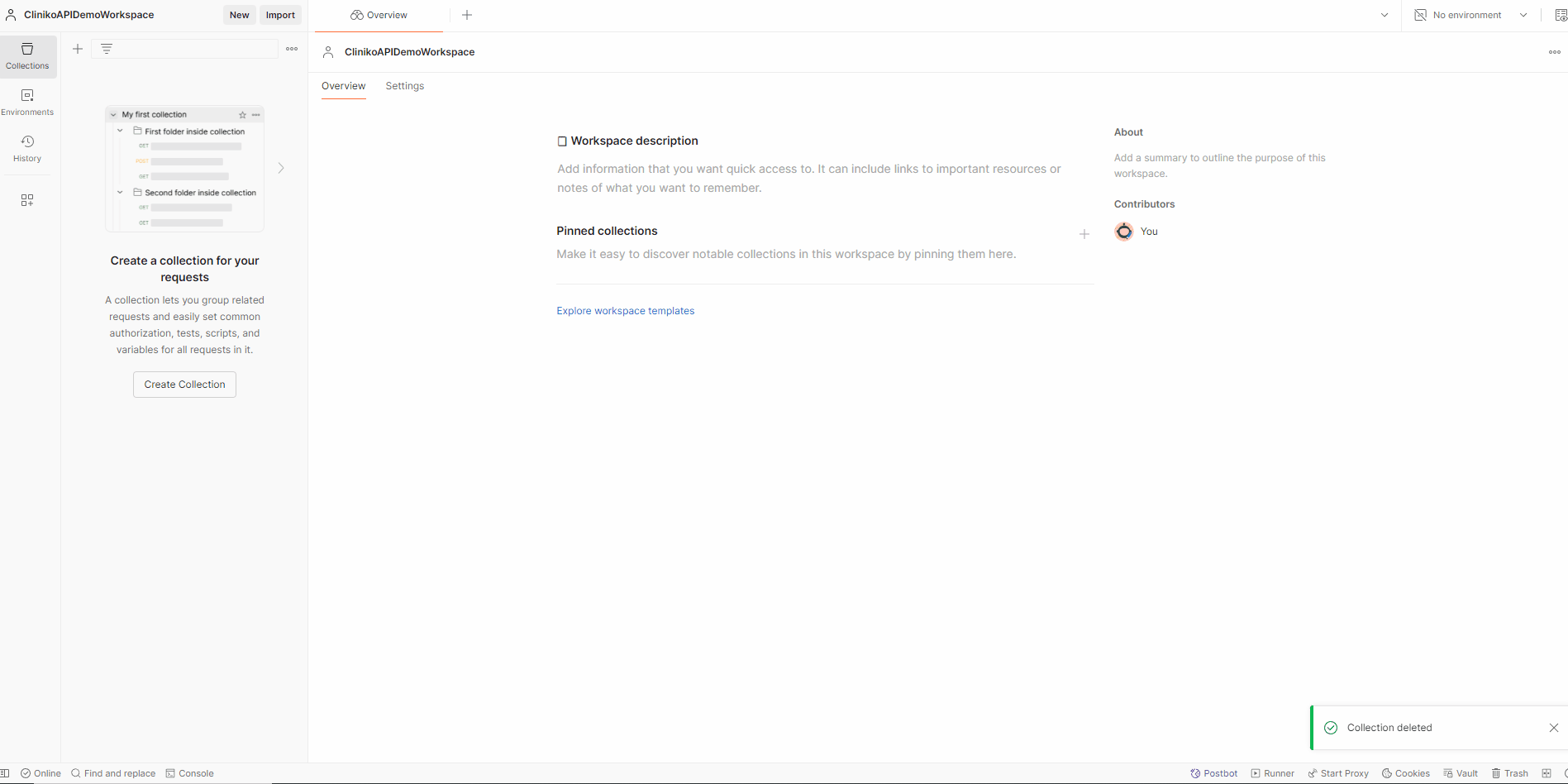 GIF showing connecting Postman to Cliniko (including creating a collection)